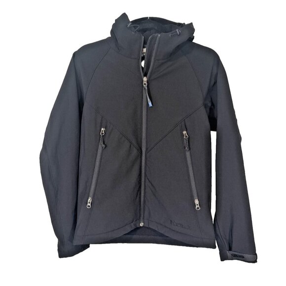 Marmot Women's Black Fleece Lined Hooded Raincoat Softshell Jacket Full Zip Sz M - Picture 1 of 13